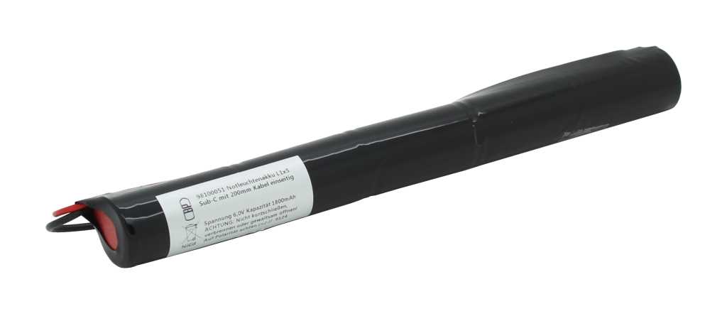 Schwarzer Akkupack mit seitlichem Etikett und zwei Anschlusskabeln an einem Ende vor weißem Hintergrund