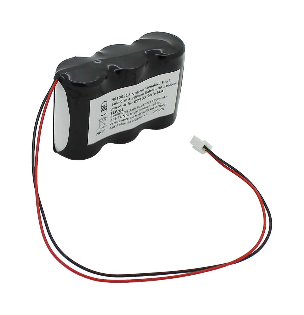 Bild von Notleuchtenakku NiCd 3,6V 1800mAh F1x3 Sub-C mit 230mm Kabel und Stecker ersetzt ESYLUX EN10027208