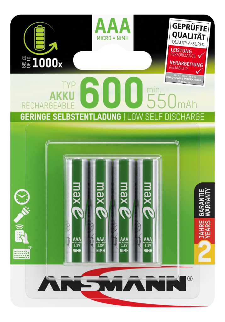 Bild von Ansmann NiMH-Akku Micro 600mAh 1311-0005 4er-Blister