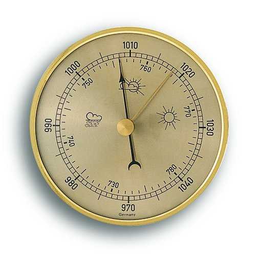 Rundes Barometer-Zifferblatt mit goldfarbenem Rand, zwei Zeigern, Skalen und Wettersymbolen auf hellem Hintergrund