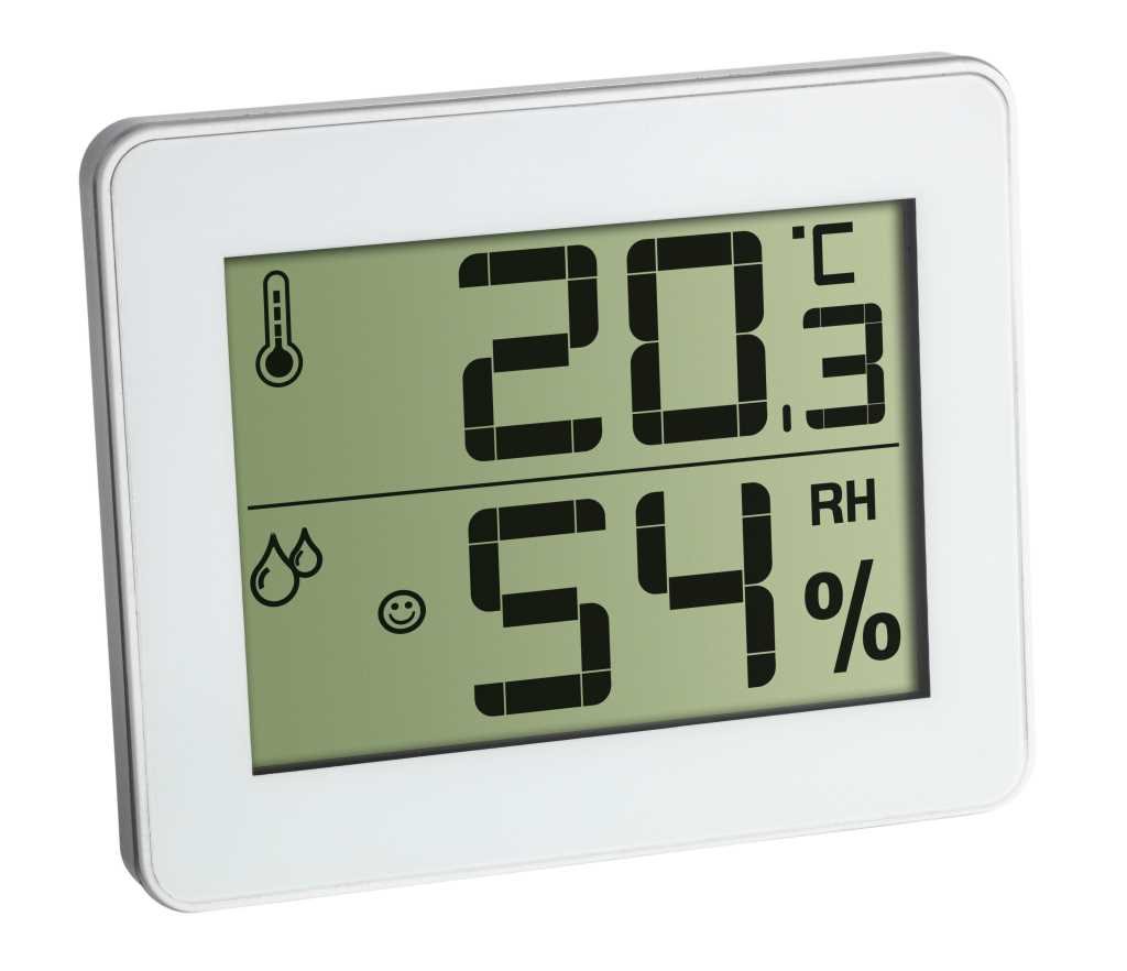Weißes Digitalanzeigegerät mit Display für Temperatur 28,3 °C und Luftfeuchte 54 %