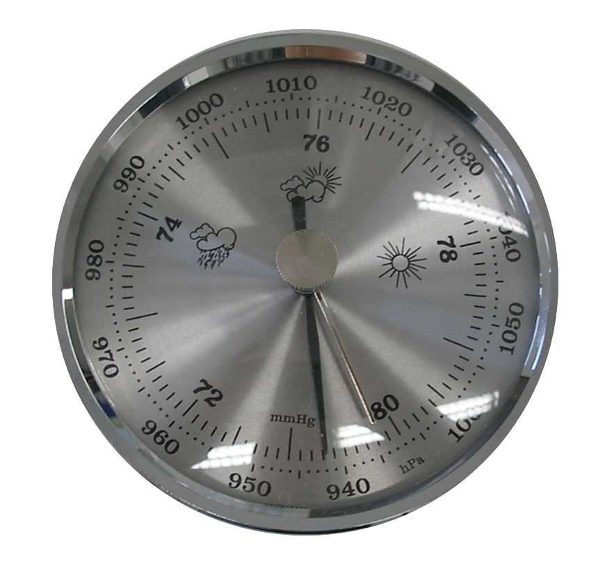 Rundes Barometer mit silbernem Zifferblatt, Skalen und Wetter-Symbolen, zwei Zeigern und Chromrand