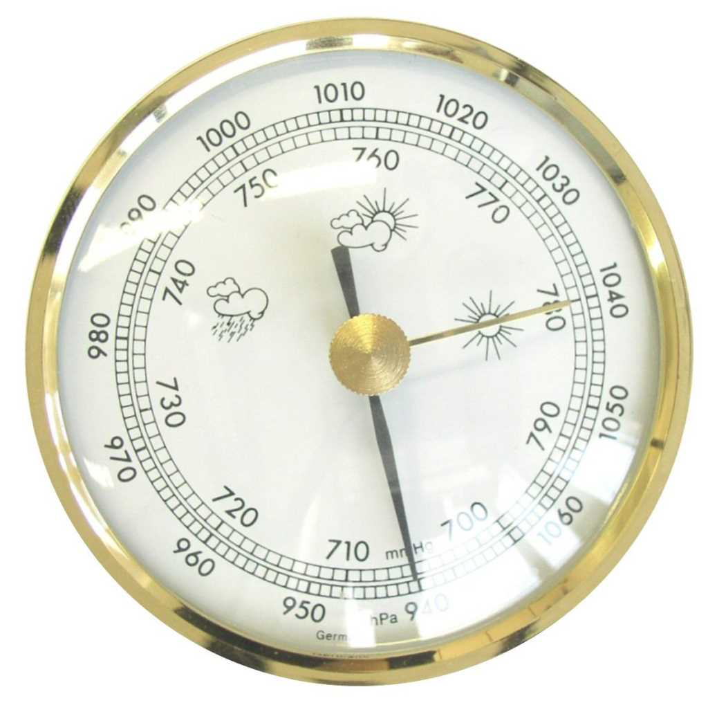 Rundes Barometer mit goldfarbenem Rand, weißem Zifferblatt, Skalen in hPa und mmHg sowie Wetter-Symbolen